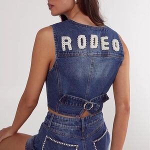 Nasty Gal Blue Denim Vest with White Embellishments